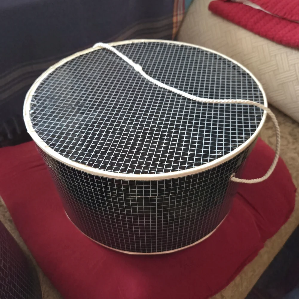 Dark Blue and White Grid Pattern Hat Boxes, Nesting Storage, Pair 2